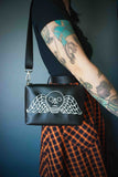 Black Memento Mori Embroidered Small Crossbody Bag – Handmade, Vegan Leather, Silver Hardware