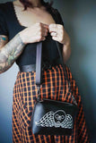 Black Memento Mori Embroidered Small Crossbody Bag – Handmade, Vegan Leather, Silver Hardware
