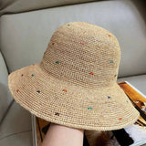 Simple Colorful Dots Raffia Straw Bucket Hat DP25E412: Khaki