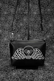Black Memento Mori Embroidered Small Crossbody Bag – Handmade, Vegan Leather, Silver Hardware