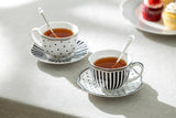 Black Josephine Stripes and Dots Fine Porcelain Cup and Saucer Sets