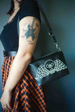 Black Memento Mori Embroidered Small Crossbody Bag – Handmade, Vegan Leather, Silver Hardware