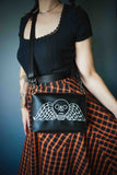 Black Memento Mori Embroidered Small Crossbody Bag – Handmade, Vegan Leather, Silver Hardware