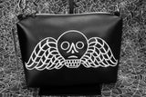 Black Memento Mori Embroidered Small Crossbody Bag – Handmade, Vegan Leather, Silver Hardware